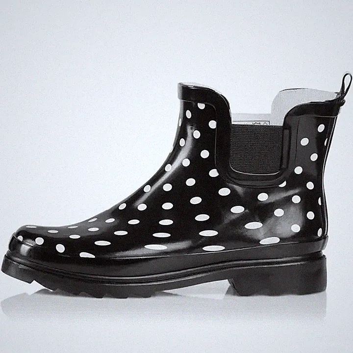 Norty Womens 6" Ankle Rain Boots #39719 Waterproof Black White Dot Size 9